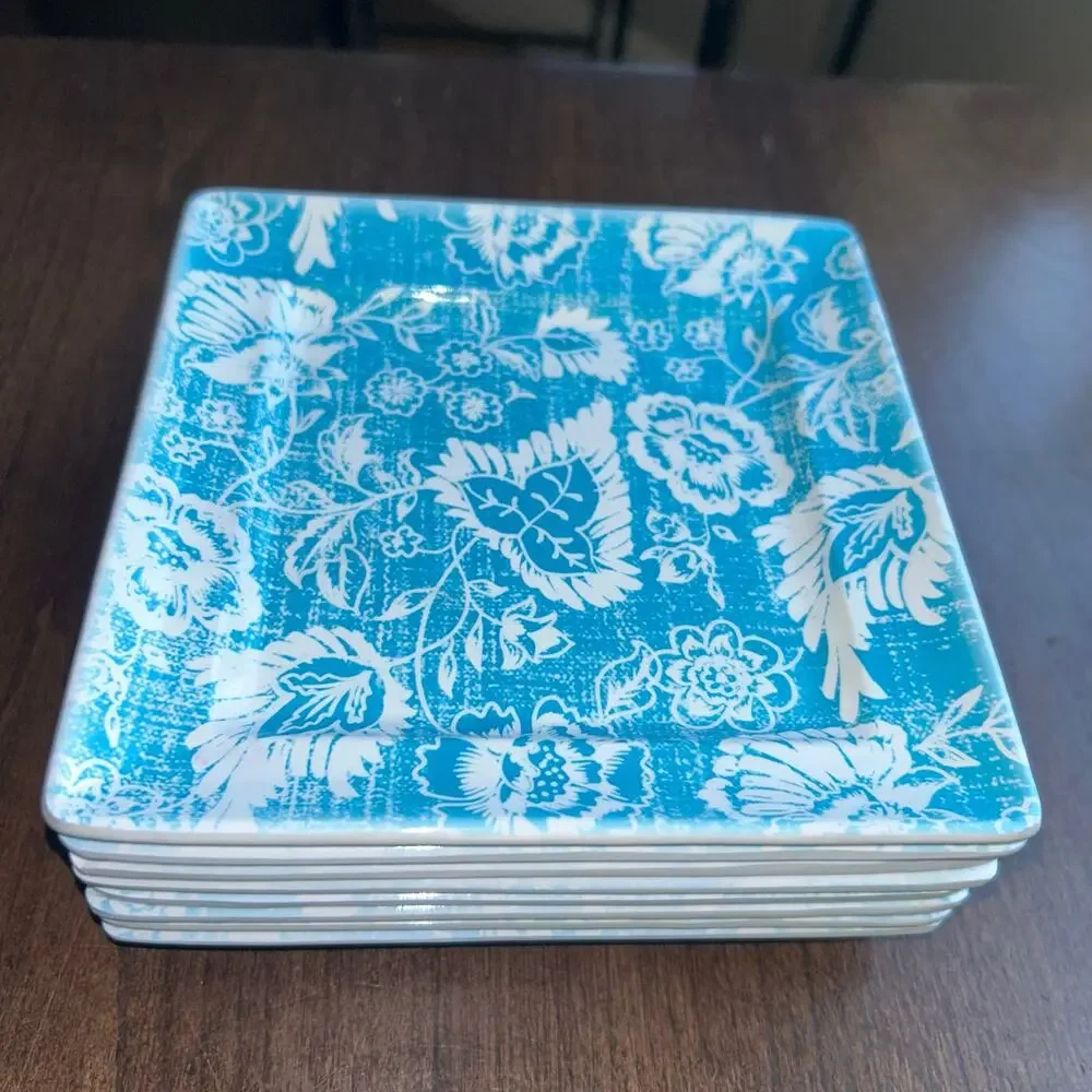 8 Sur La Table Melamine 6” Appetizer Dessert Turquoise Blue Crosshatch Plates